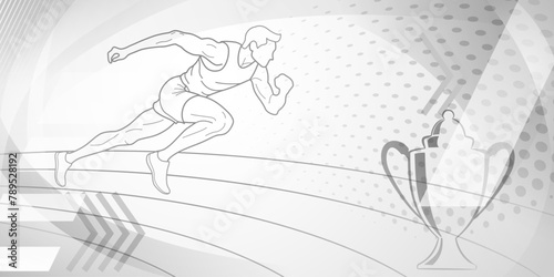 Runner themed background in gray tones with abstract curves and dots, with sport symbols such as a male athlete, running track and a cup