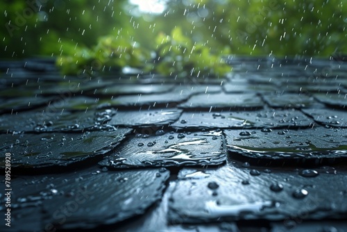 summer rain with hail falls on the roof of slate photo