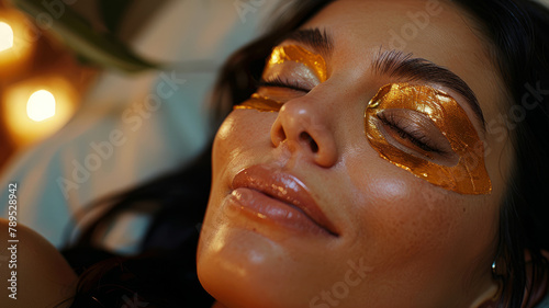Woman with gold facial mask relaxing.