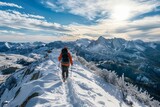 Solo Hiker on Snowy Mountain Ridge Against Clear Sky