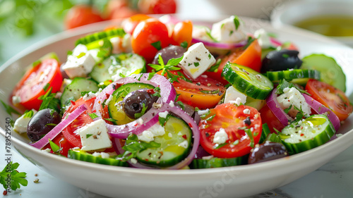 Greek salad with fresh vegetables and feta cheese.