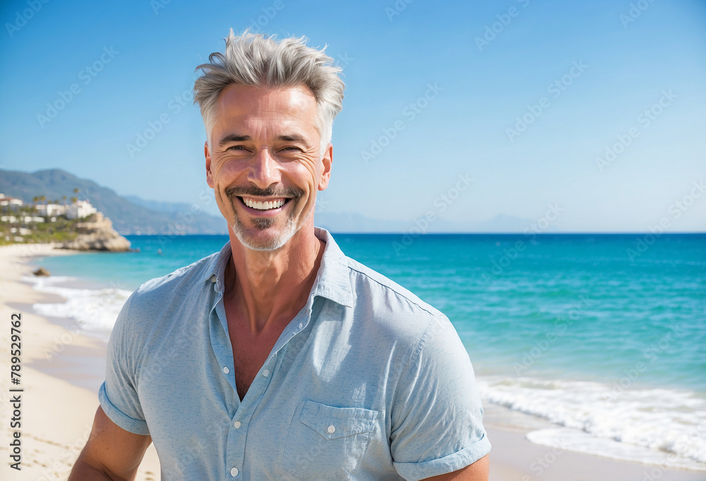 Handsome mature man with fresh stylish hair smiling with clean teeth on a beautiful beach with bright blue sea