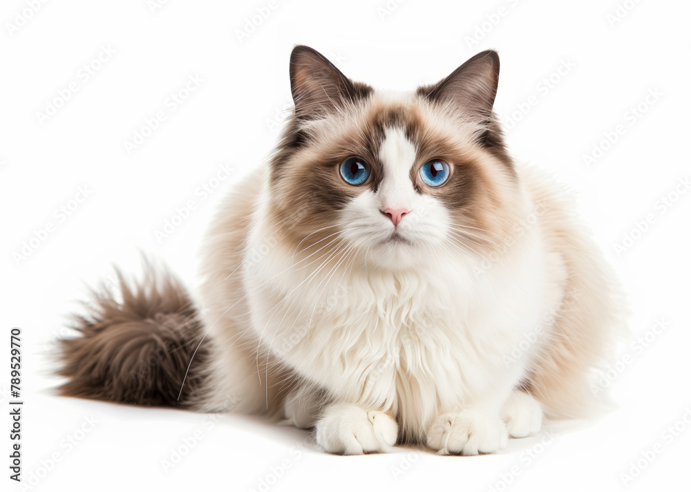 Ragdoll cat sitting on a white background