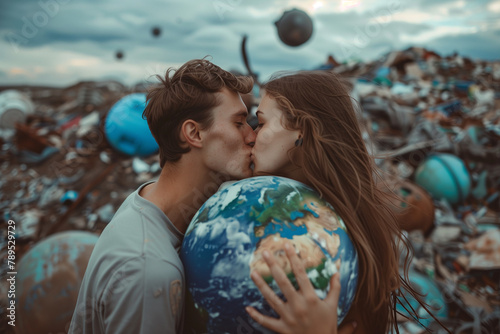 A guy and a girl are kissing against the background of garbage. They hold our planet in their hands. Photography on the theme of ecology