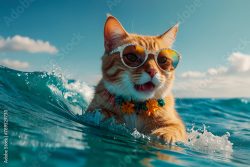 Cat in sunglasses, swimming in the ocean, summer vacation concept. Beach mood. © Plutmaverick