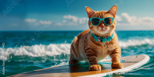 Cat surfing on waves in the ocean, concept of summer vacation in the tropics, copy space.