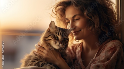 Cozy Moment: Woman Holding Tabby Cat photo