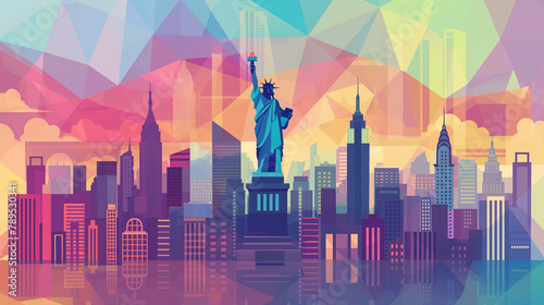 Colorful Abstract Illustration of New York City Skyline with Statue of Liberty photo