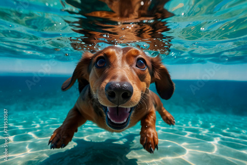 Dachs hund diving underwater, funny dog underwater, summer mood concept, vacation, tropics, ocean.