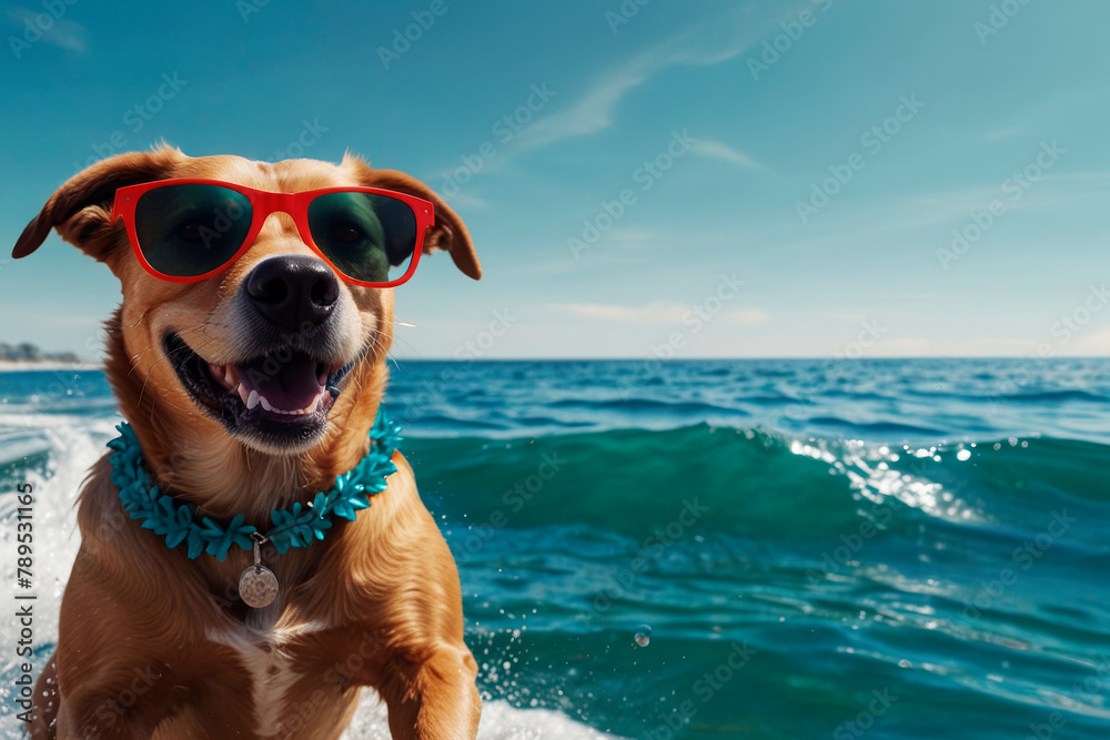 Dog in sunglasses, swimming in the ocean, summer mood tropical vacation, concept.
