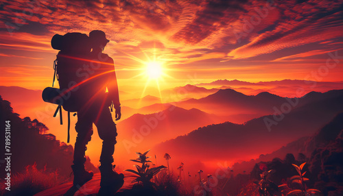 Backpacker's Adventure: Silhouette Against Vibrant Sunset - Awe-Inspiring Journey Exposed in Natural Photo Stock Concept