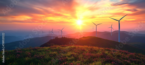 Wind Turbine Windmill, Electricity Generator, Renewable Energy Power Technology Environment Wind Farm at Sunset