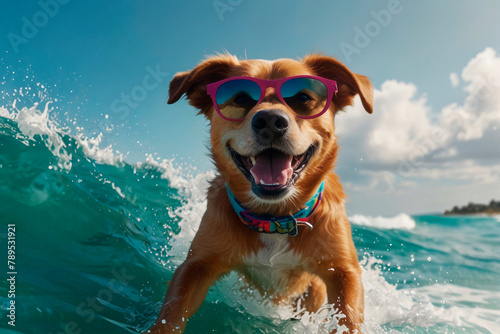 Dog in sunglasses riding the waves, surfing on a board, summer vacation concept, template, copy space. © Plutmaverick