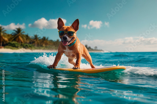 Dog in sunglasses riding the waves, surfing on a board, summer vacation concept, template, copy space. © Plutmaverick