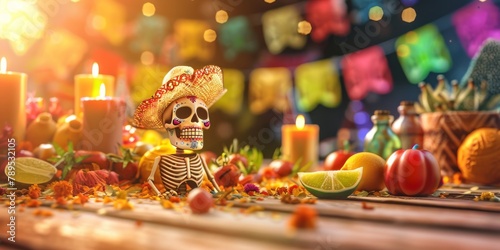 Skeleton Wearing Sombrero Surrounded by Fruit and Candles