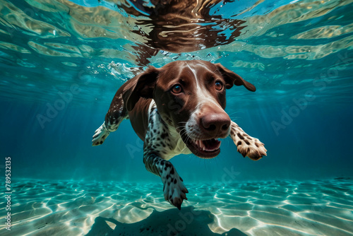 German shorthaired pointer diving underwater, funny dog underwater, summer mood concept, vacation, tropics, ocean.