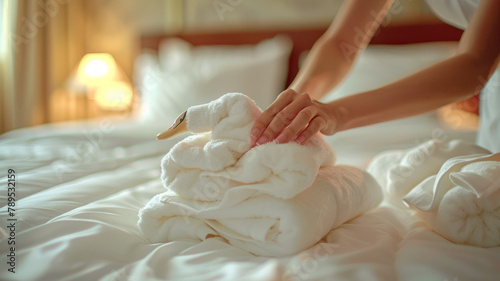 Woman making bed in a hotel room