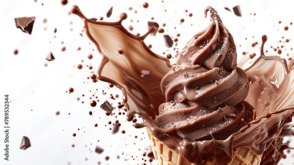 Chocolate explosion with ice cream cone and droplets creating a sweet temptation Chocolate explosion with ice cream cone and droplets creating a sweet temptation