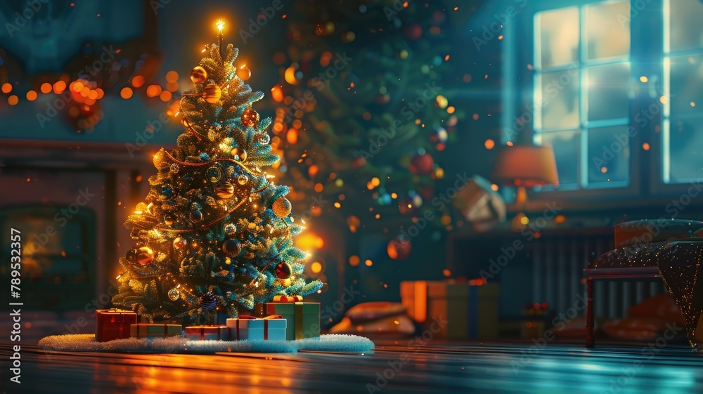 Festive Christmas tree with twinkling lights and gifts.