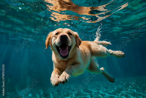 Labrador retrievers diving underwater, funny dog underwater, summer mood concept, vacation, tropics, ocean.