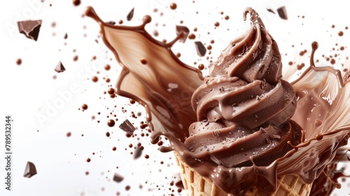 Chocolate explosion with ice cream cone and droplets creating a sweet temptation