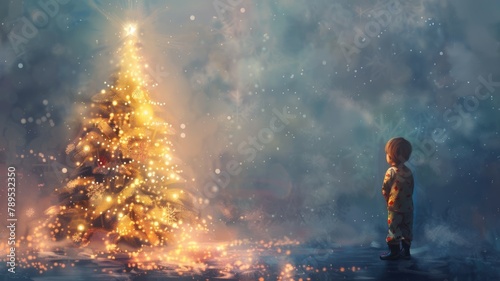 Child in pajamas awed by glowing Christmas tree. © Katty