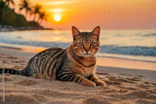 Cat on the sand on tropical beach, summer vacation concept, template, copy space.