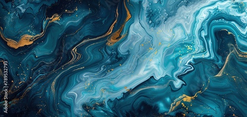 Abstract acrylic oil paint ink painted waves painting texture colorful background banner - Blue turquoise gold color swirls waves photo