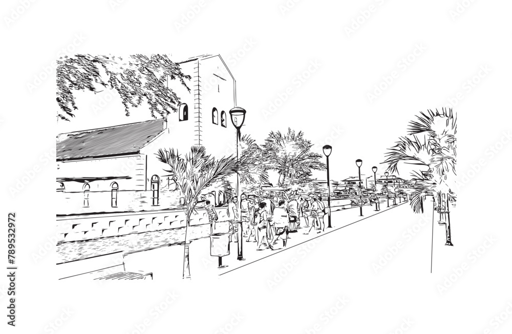 Building view with landmark of Santa Maria Cape Verde is the city in Cape Verde. Hand drawn sketch illustration in vector.