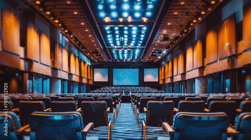 Empty modern auditorium with blue seats and advanced lighting