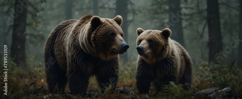 Environmental Warning  Withered Wilderness and Acid Rain s Ecological Consequences Captured in Close-Up Double Exposure of Bear Family and Small Animals in Forest