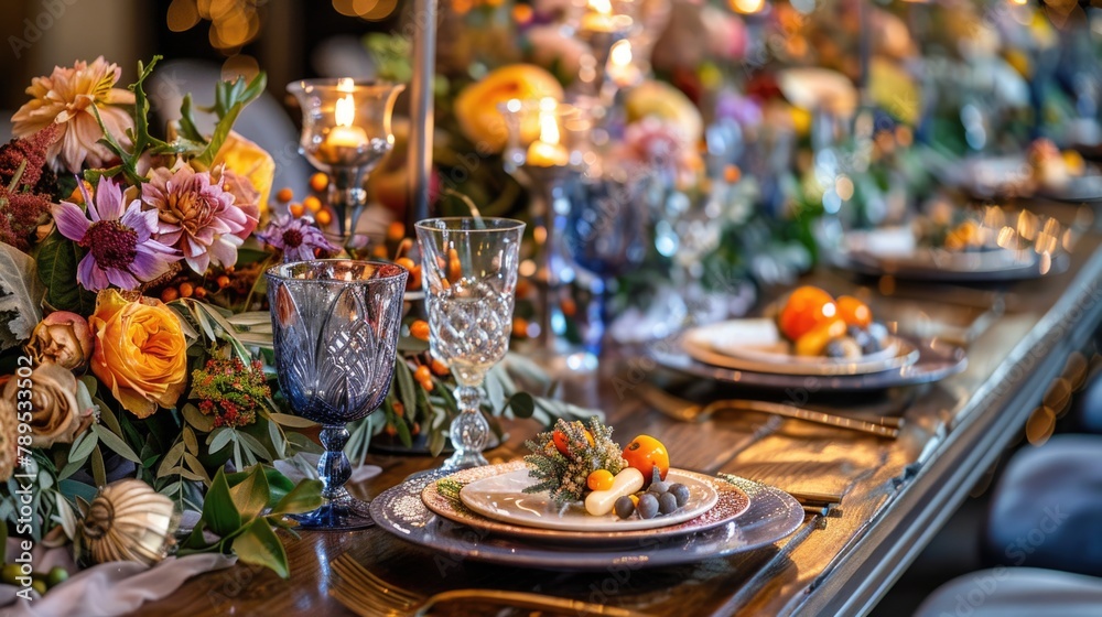 Elegant floral centerpiece with oranges on a festive table setup.