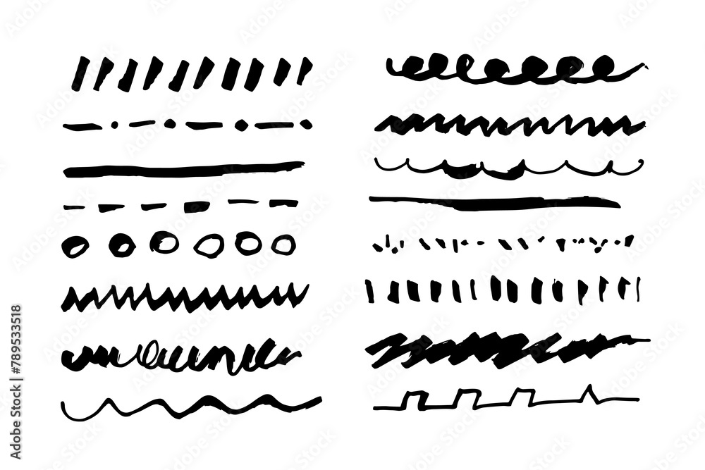 Different doodles set. Sketch lines marker drawing. Vector rough textures of brush, various shapes. Strokes, dotted lines, lines of different thickness and texture.