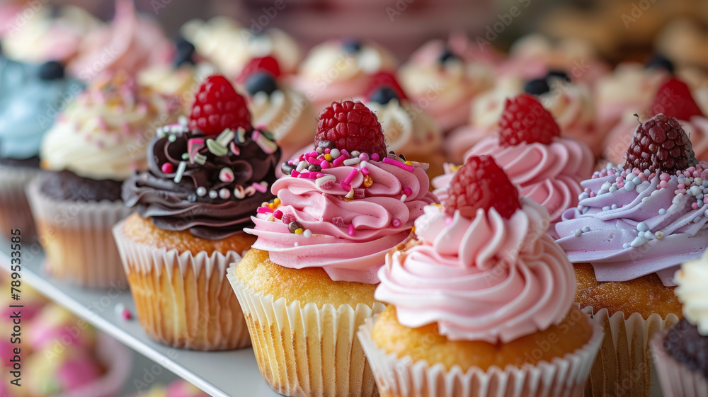 Rows of decorated cupcakes.