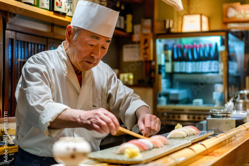 Portrait of a real sushi restaurant chef at work in a restaurant 