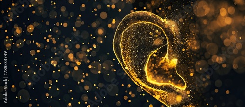 A sparkling golden digital illustration of a human ear