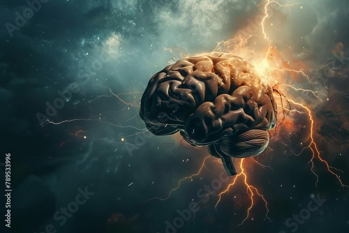 human brain with lightning psychological pressure and stress concept #789533996