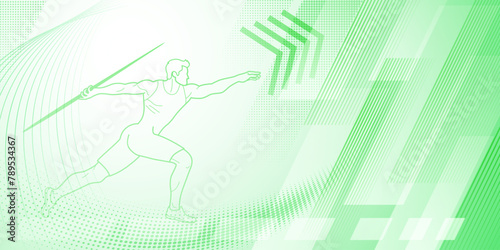 Javelin thrower themed background in green tones with abstract lines and dots, with sport symbols such as a male athlete