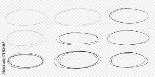 Circle scrible circular frame, fast mark, pencil line doodle frame. Ring, oval sketch highlight sphere on transparent background. 