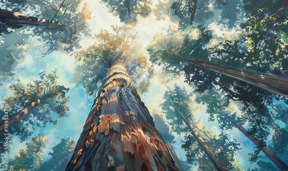 Capture the majestic strength of a towering redwood tree from a worms ...