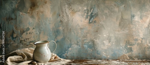 Grungy background under a tablecloth with a milk jug