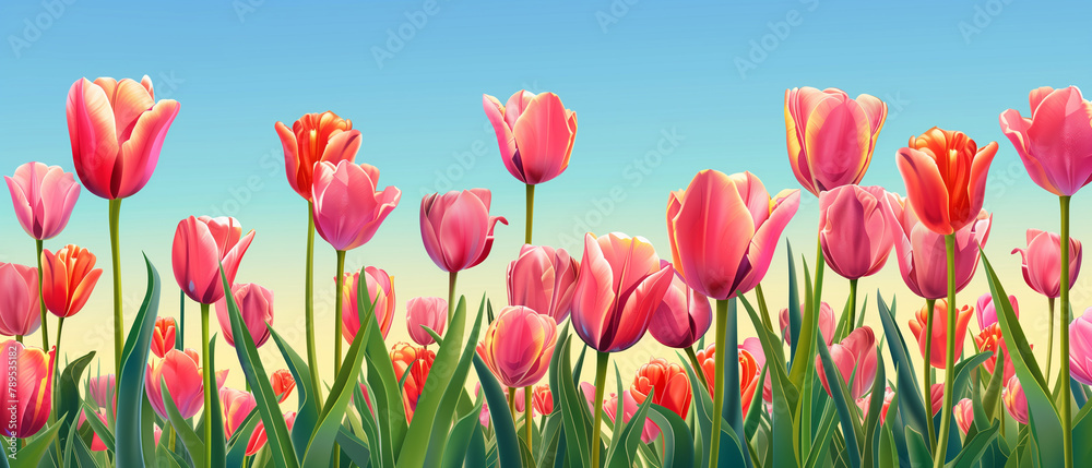 Tulips field with sky background 