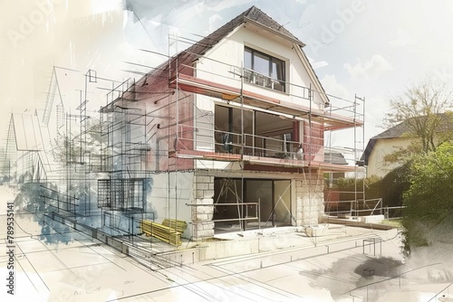 house enlargement and renovation works in progress architectural concept digital illustration photo