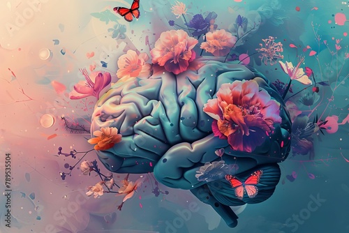 human brain with flowers and butterflies mental health and positive thinking concept digital painting #789535504