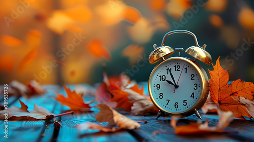 Daylight Saving Time. Alarm clock and orange color leaves on wooden table. Autumn time. Fall time change. Autumn leaves fall and winter approaches, the concept of daylight saving time