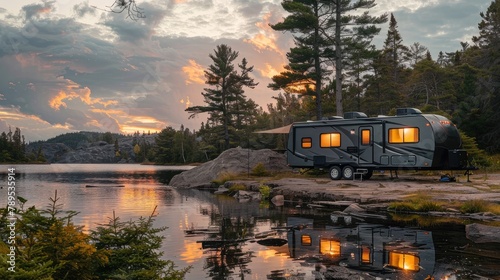 An American RV with an open black awning, parked on grass in the park on a rainy day. Relax in comfort and style with season camping at its finest.