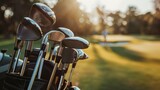 Golf clubs in a bag on a vibrant golf course at sunset
