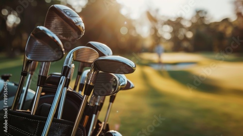 Golf clubs in a bag on a vibrant golf course at sunset 
