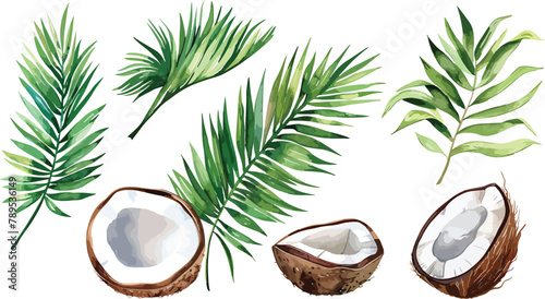 A set of watercolor coconut and palm leaves vector illustrations. Collection of isolates for labels, prints, banners. Watercolor illustration on white background. Summer fruit painting illustration photo