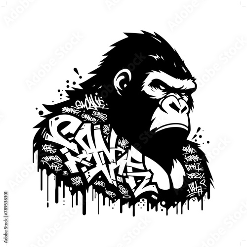 gorilla silhouette, animal graffiti tag, hip hop, street art typography illustration. photo